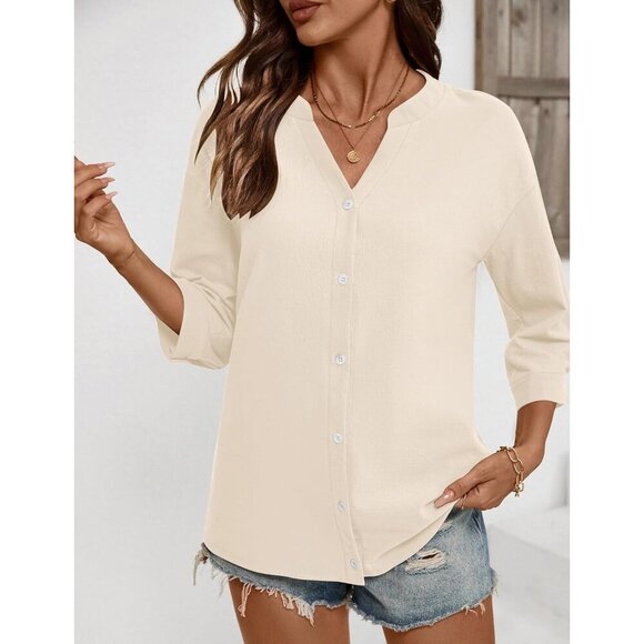 Women's Cotton Linen 3/4 Sleeve Button Down Shirt V Neck Casual Top - Picture 5 of 6